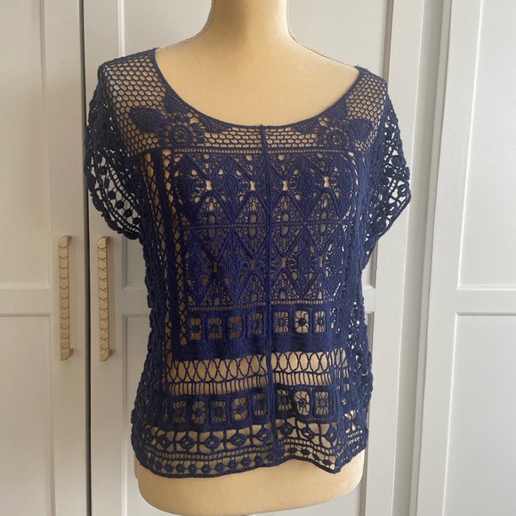 LC Lauren Conrad Tops - Crocheted Blue Top Boho Swimsuit Coverup Size L by Lauren Conrad